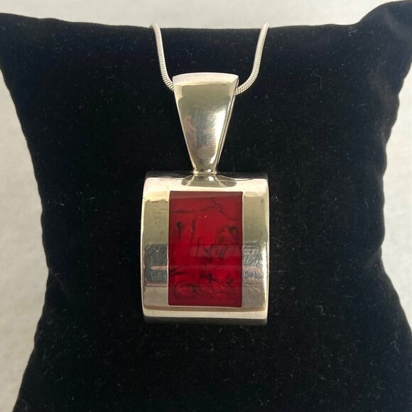 Solid Sterling Silver 925 Sim Red Jasper Pendant Necklace 19.5" Snake Chain - Picture 11 of 16